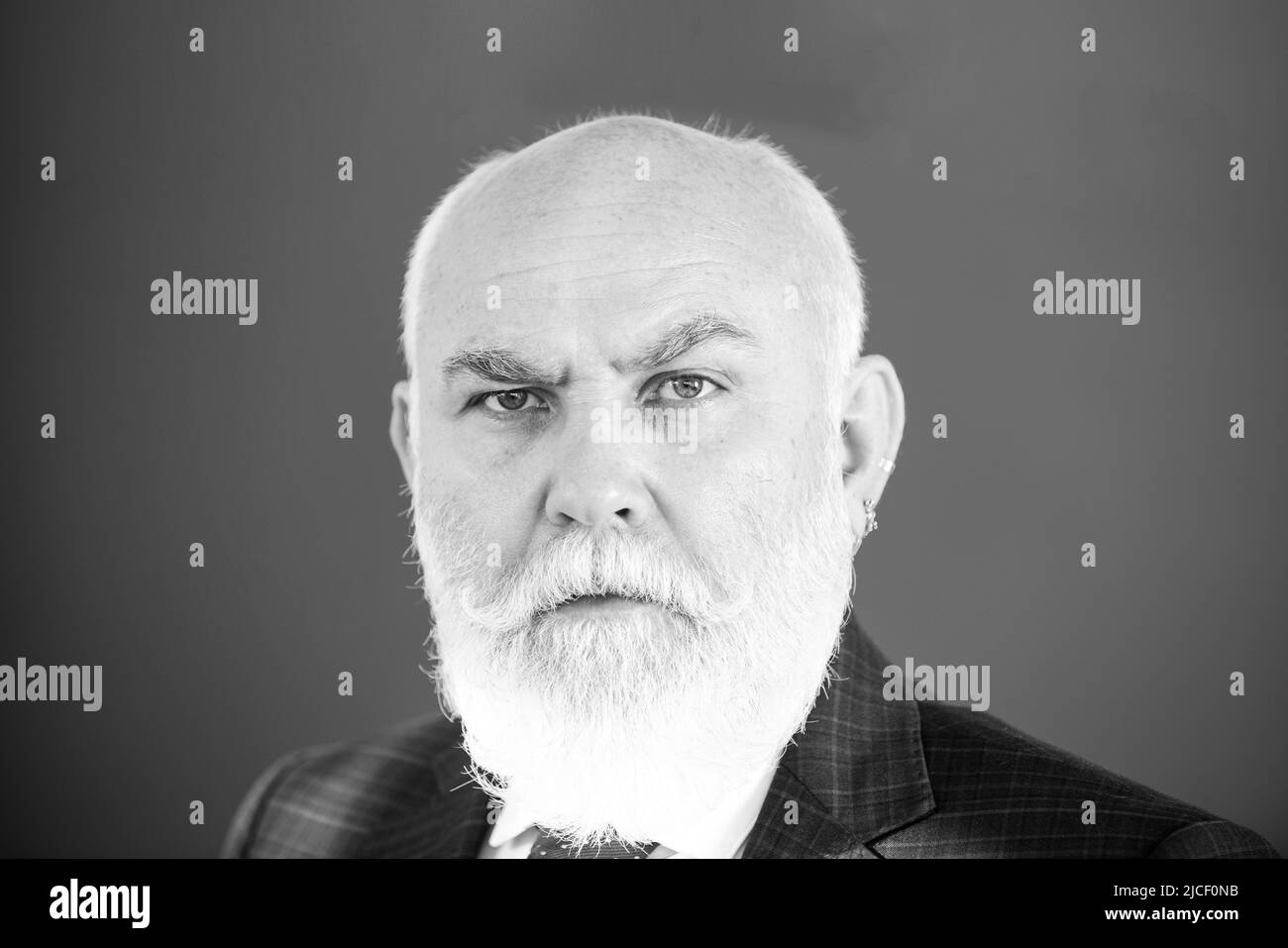 Nahaufnahme des Professors oder Lehrers an der Tafel isoliert. Senior Professor mit grauen Haaren in der Hochschule. Stockfoto