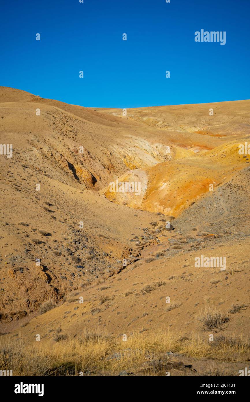 Gelbe Berge im Kyzyl-Chin-Tal oder im Mars-Tal im Altai, Sibirien, Russland. Stockfoto