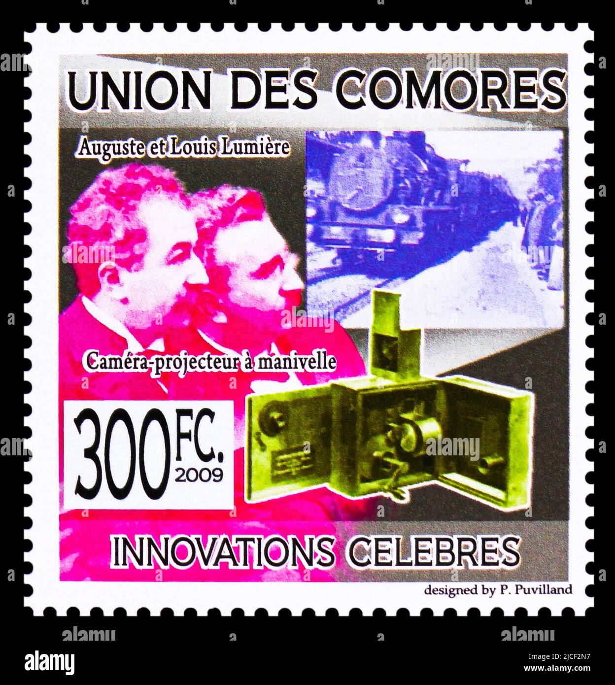 MOSKAU, RUSSLAND - 12. JUNI 2022: Die auf Komoren gedruckte Briefmarke zeigt Auguste und Louis Lumiere, berühmte Innovationsserie, um 2009 Stockfoto