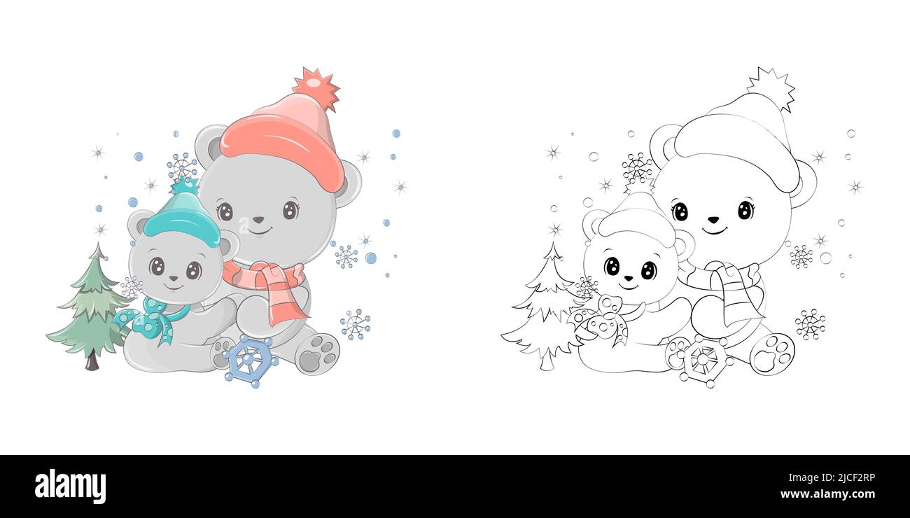 Bear Clipart für Malseite und mehrfarbige Illustration. Baby Clip Art Bear mit Mama. Vektor-Illustration eines Tieres für Malvorlagen, Drucke Stock Vektor