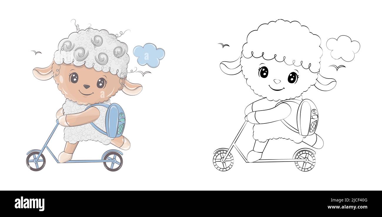 Sheep Clipart für Malseite und mehrfarbige Illustration. Entzückende Clip Art Lamm auf einem Roller. Vektor-Illustration eines Tieres zum Malen Stock Vektor