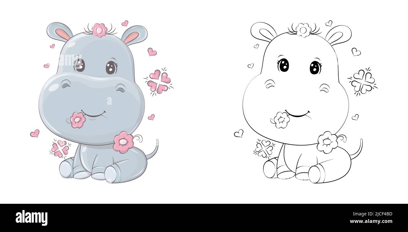 Cute Hippopotamus Clipart Illustration und Schwarz und Weiß. Lustige Clip Art Hippo. Vektor-Illustration eines Tieres für Malvorlagen, Aufkleber, Baby Stock Vektor