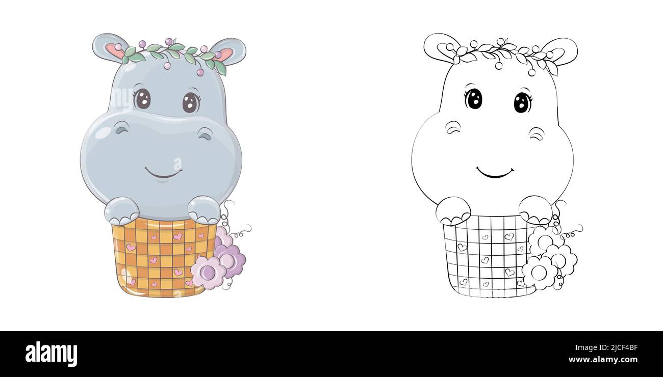 Cute Hippopotamus Clipart für Malvorlagen und Illustrationen. Happy Clip Art Hippo in einem Korb. Vektor-Illustration eines Tieres für Aufkleber, Drucke Stock Vektor