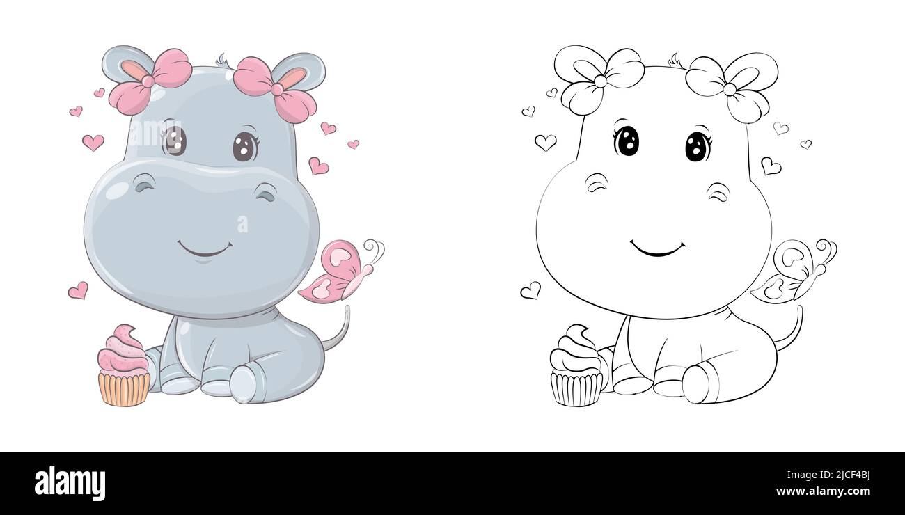 Clipart Hippo Multicolor und Schwarz und Weiß. Niedliche Clip Art Hippopotamus mit Cupcake. Vektor-Illustration eines Tieres für Aufkleber, Babydusche Stock Vektor
