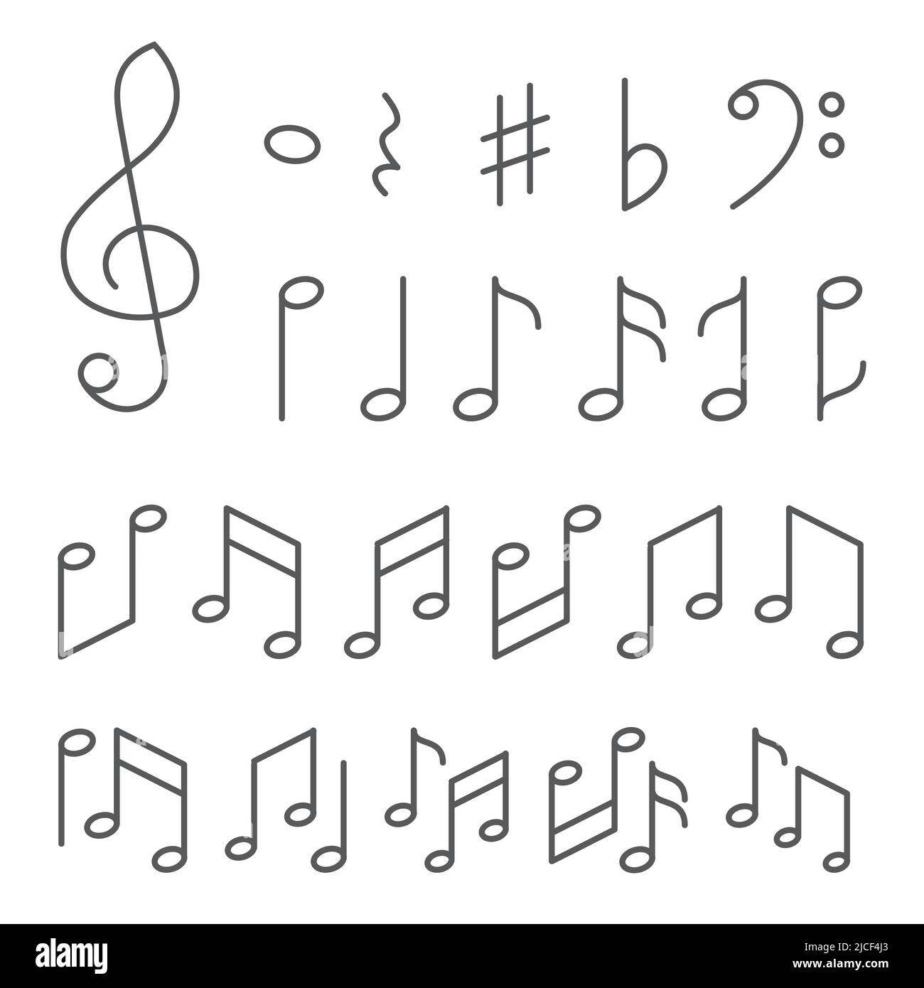 Zeilensymbole für Musiknotizen auf weißem Hintergrund Stock Vektor