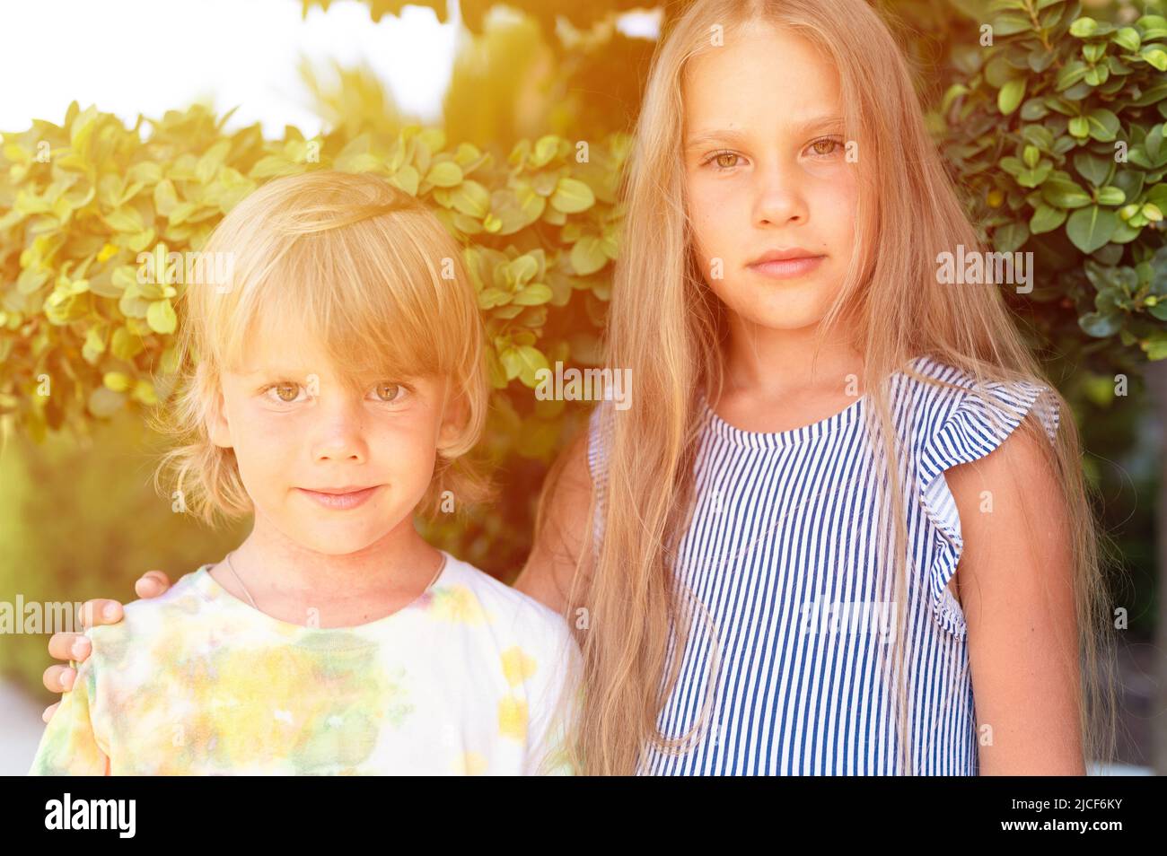Glücklich Geschwister Kinder Reisende Junge Bruder von fünf Jahren alt und Mädchen Schwester acht Jahre alt Freunde Umarmung auf grünen Pflanzen Hintergrund und Blick in Ca Stockfoto