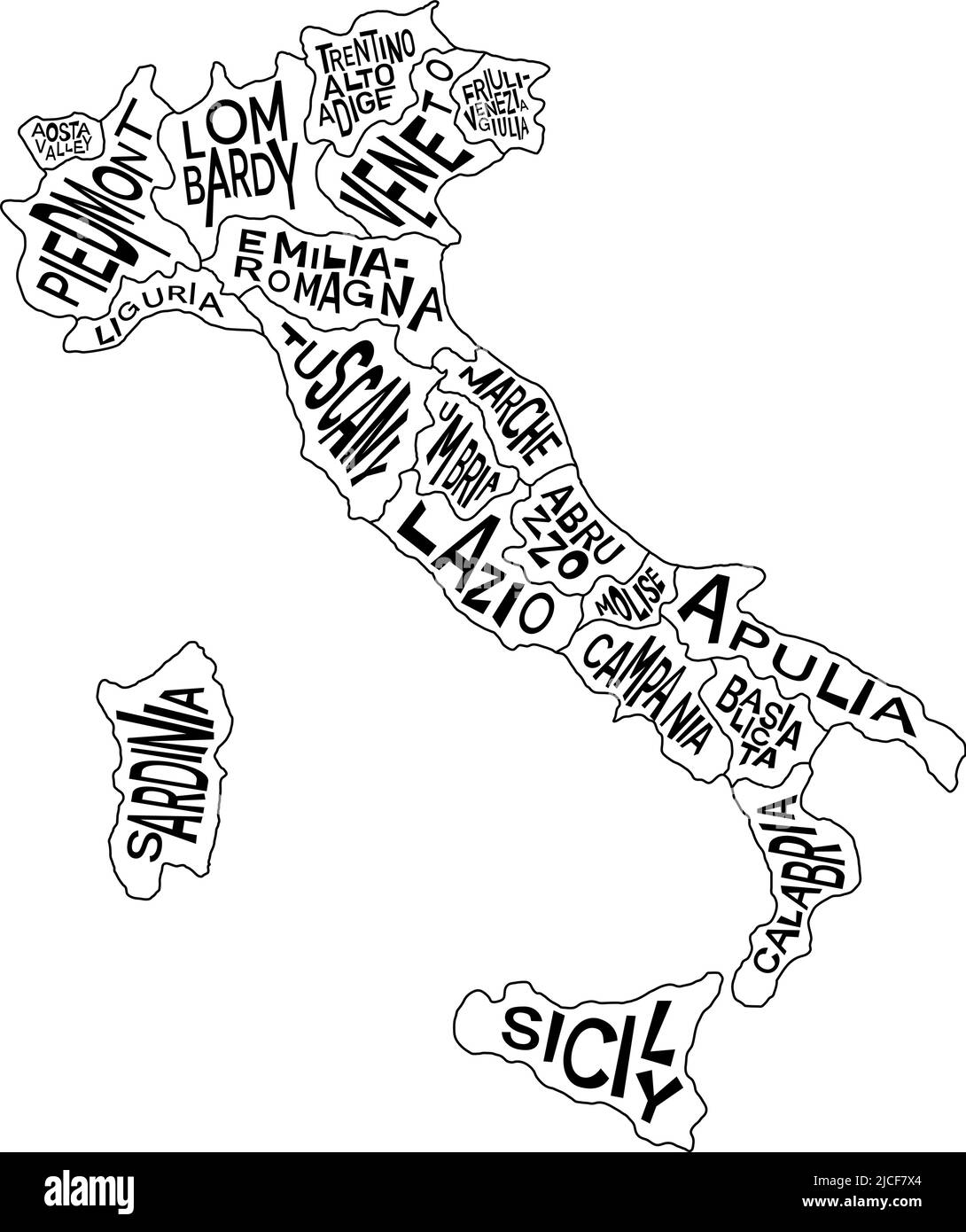 Politische Karte Italiens mit Namen der Verwaltungsprovinzen - Kampanien, Emilia-Romagna, Friaul-Julisch Venetien, Latium und mehr. Infografik zur Karte von Italien Stock Vektor