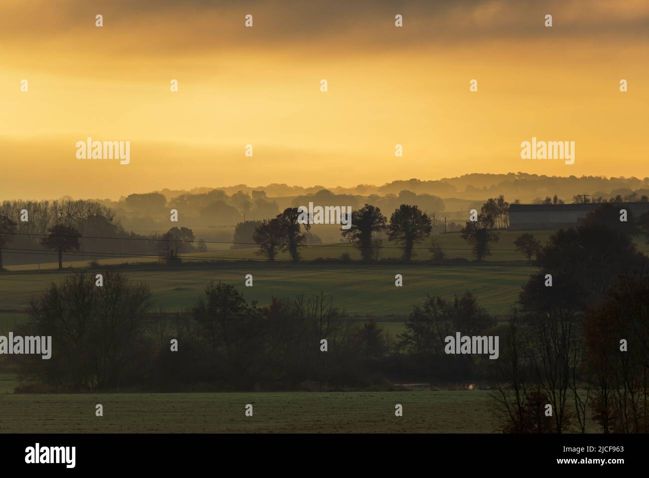 Morgendämmerung und Nebel auf dem Land. Landschaft mit Sonnenaufgang. Postkartenlandschaft. Landwirtschaftliche Feld bei Sonnenaufgang Stockfoto
