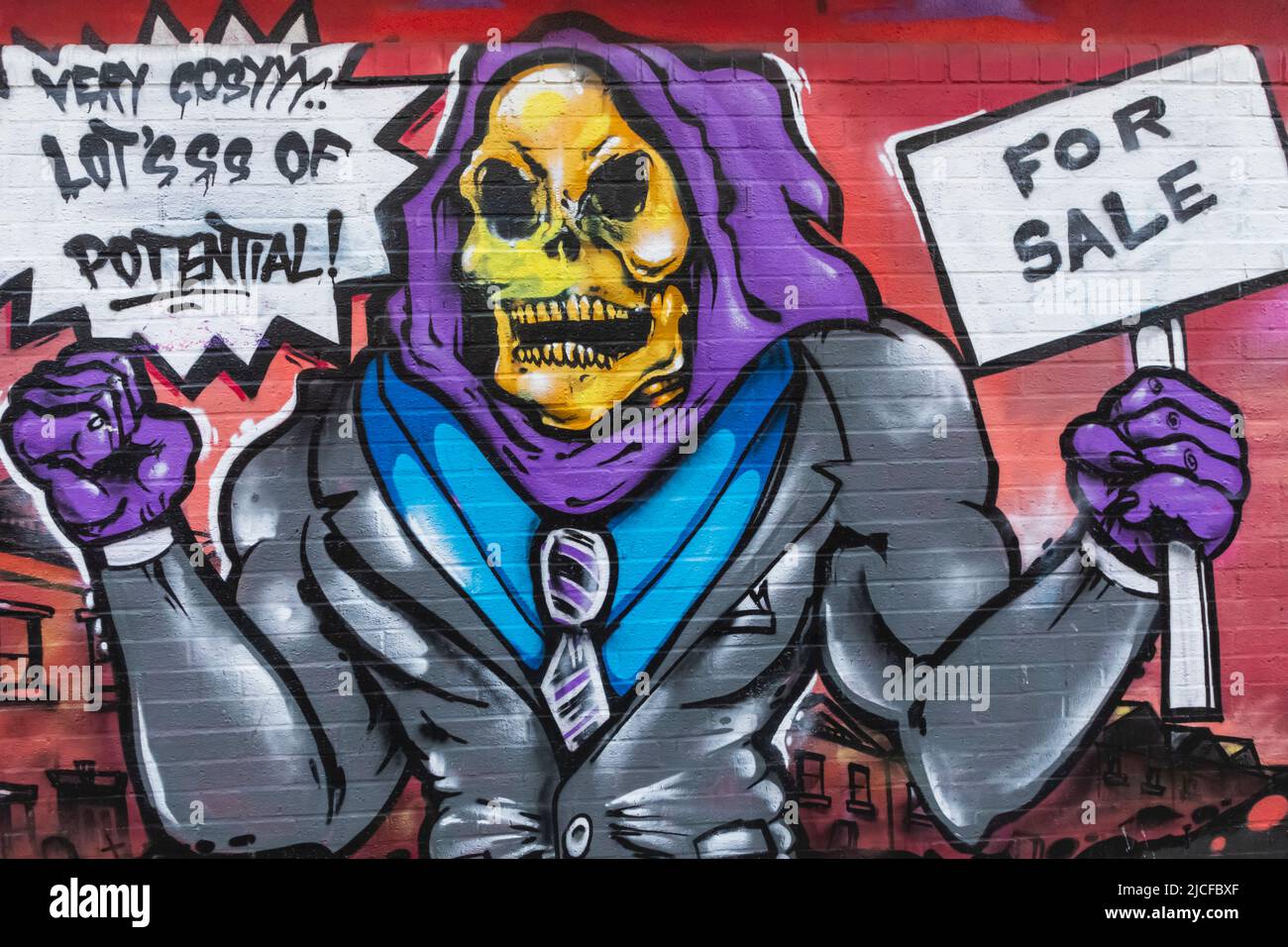 England, London, Shoreditch, Brick Lane, Street Art mit Skelettverkäufern Stockfoto