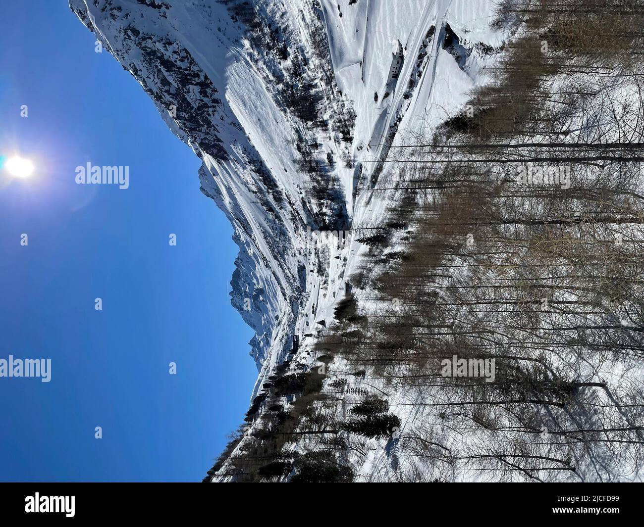 Skigebiet Silvretta Ski-Arena Ischgl/Samnaun, Bodenalpe, Blick ins Fimbatal, Samnaun, Winter, Natur, Berge, Blauer Himmel, Paznauntal, Ischgl, Tirol, Österreich Stockfoto