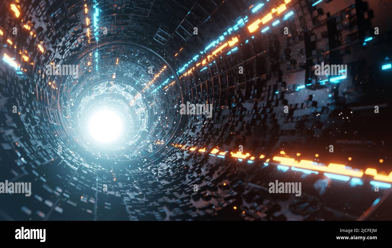3D Rendern. Abstrakter dunkler Tunnel und helles Licht am Ende des Tunnels. Virtual-Reality-Raum, abstraktes Interieur. Stockfoto