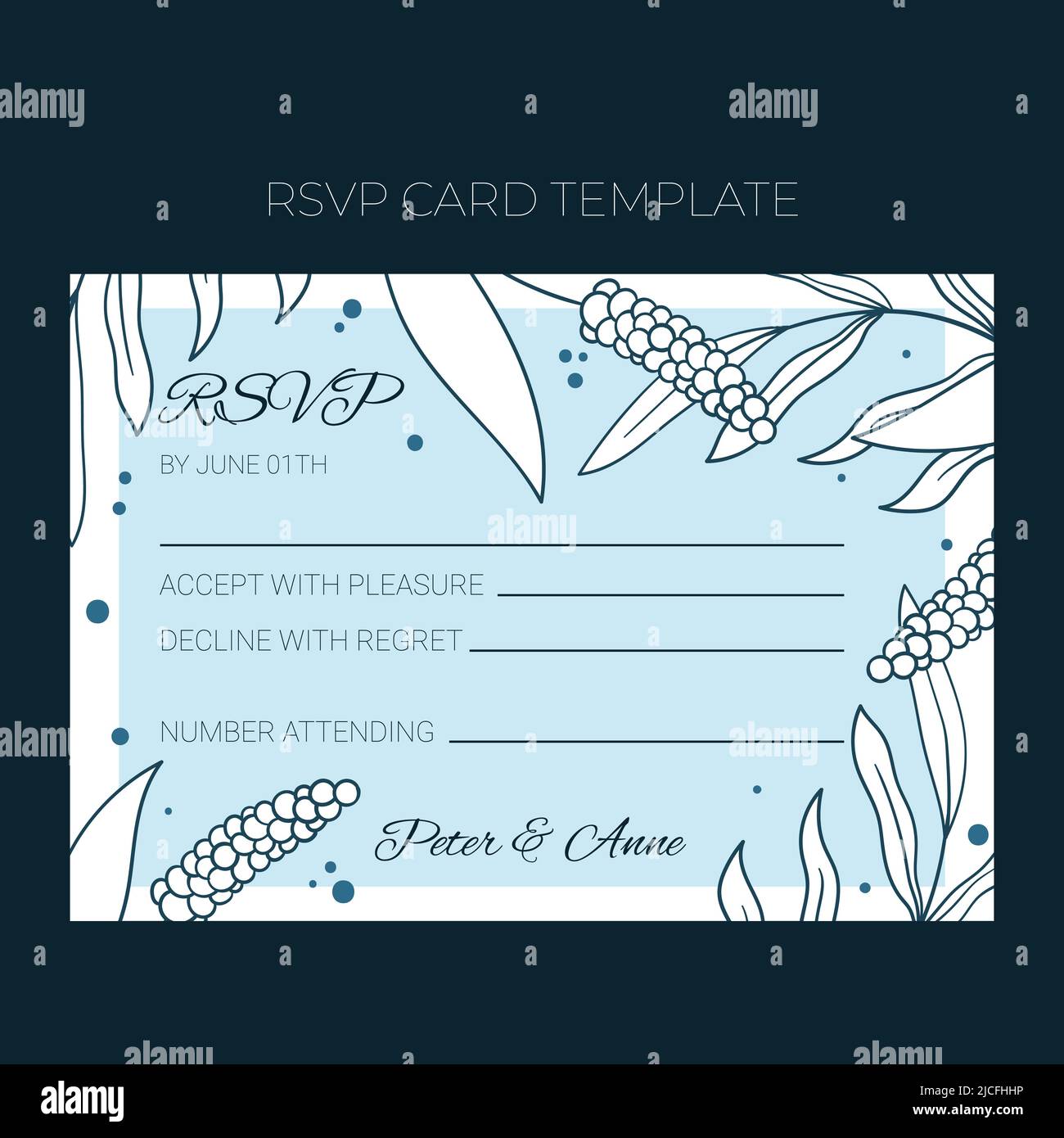 Blumenhochzeit RSVP-Vorlage im handgezeichneten Doodle-Stil, Einladungskarten-Design mit Linienblumen und Blättern, Punkten. Vektor dekorativer Rahmen auf weißem und blauem Hintergrund. Stock Vektor