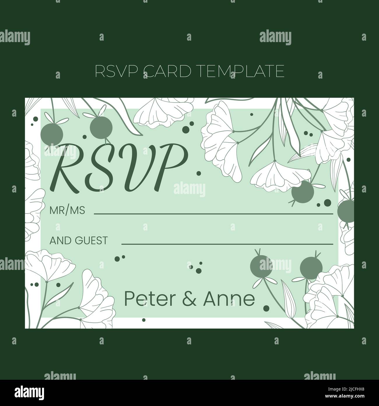 Blumenhochzeit RSVP-Vorlage im handgezeichneten Doodle-Stil, Einladungskarten-Design mit Linienblumen und Blättern, Punkten und Beeren. Vektor dekorativer Rahmen auf weißem und grünem Hintergrund. Stock Vektor