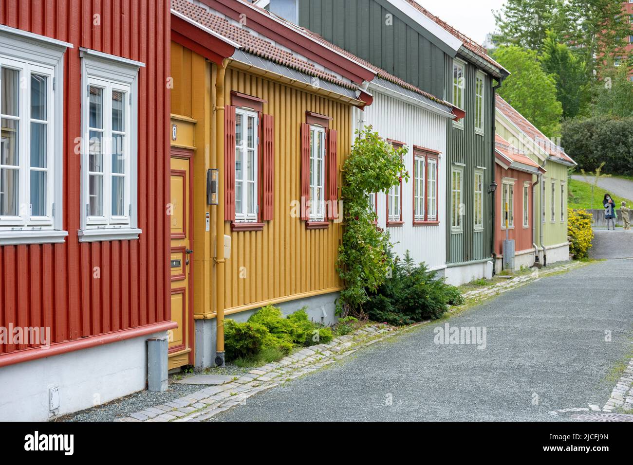 Norwegen, Trøndelag, Trondheim, alte traditionelle Wohnungen. Stockfoto