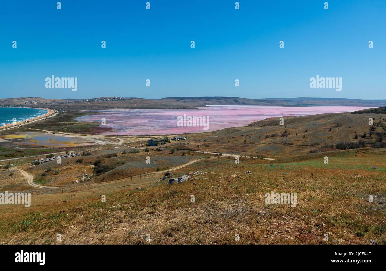 Salzig rosa See Chokrak in Krim. Chokrak Schlamm sind nützlich für die Behandlung von vielen Krankheiten, die mit dem Muskel-Skelett-System, Urologie, Dise verbunden sind Stockfoto
