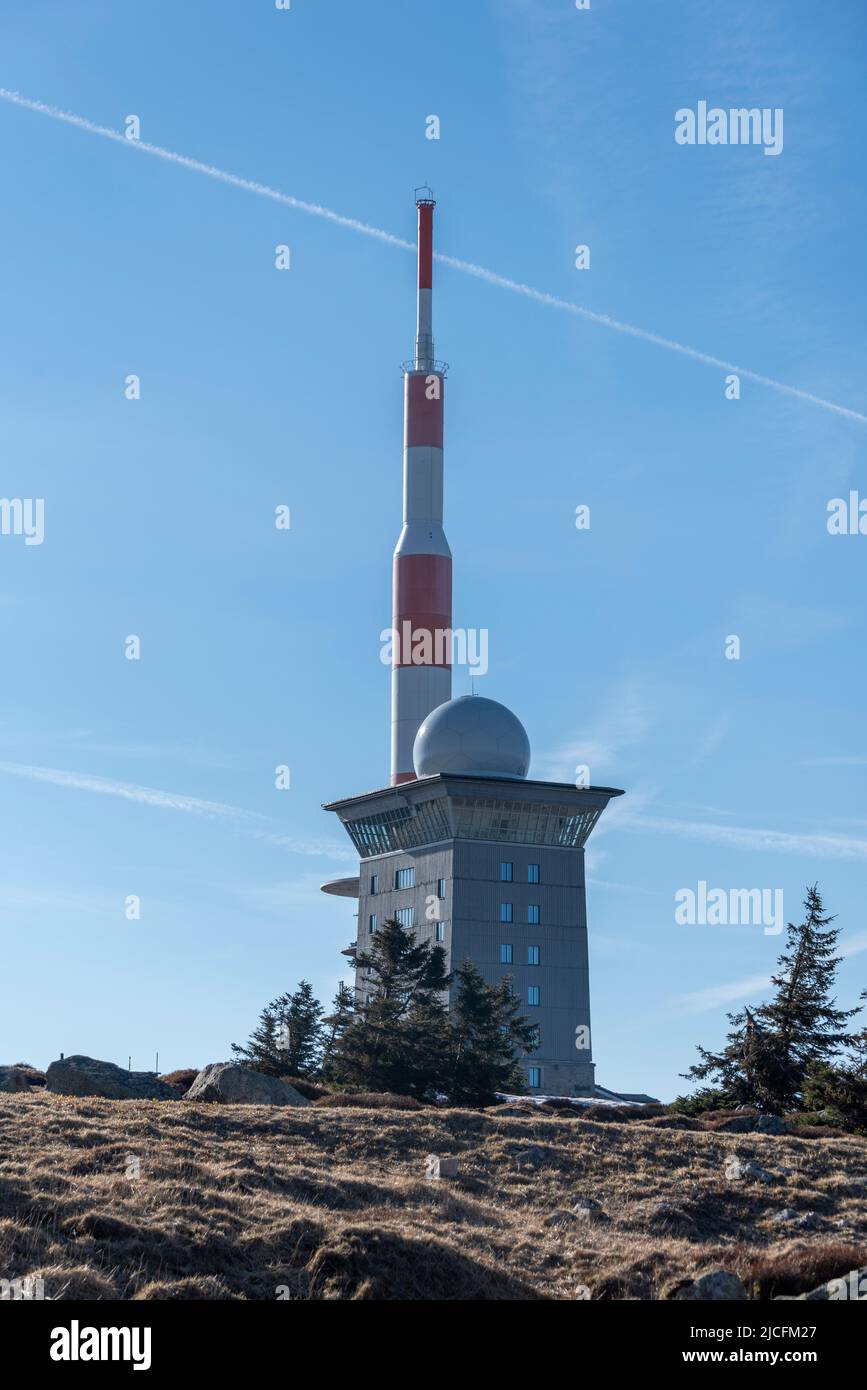 Brocken-Hochplateau, Sendemast, Brocken-Hotel, Brocken, Nationalpark Harz, Schierke, Sachsen-Anhalt, Deutschland Stockfoto