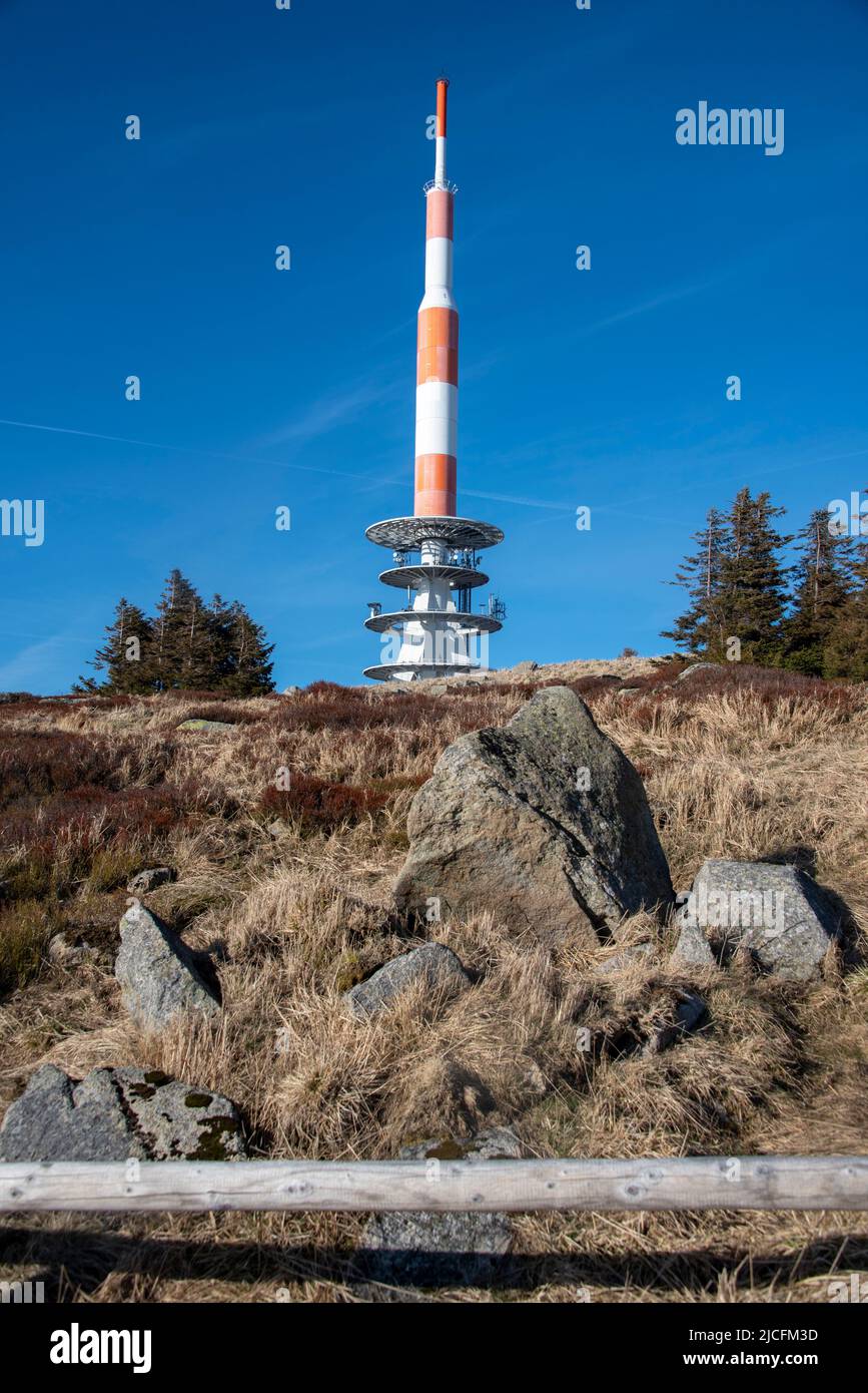 Brocken-Hochplateau, Übertragungsmast, Brocken, Nationalpark Harz, Schierke, Sachsen-Anhalt, Deutschland Stockfoto