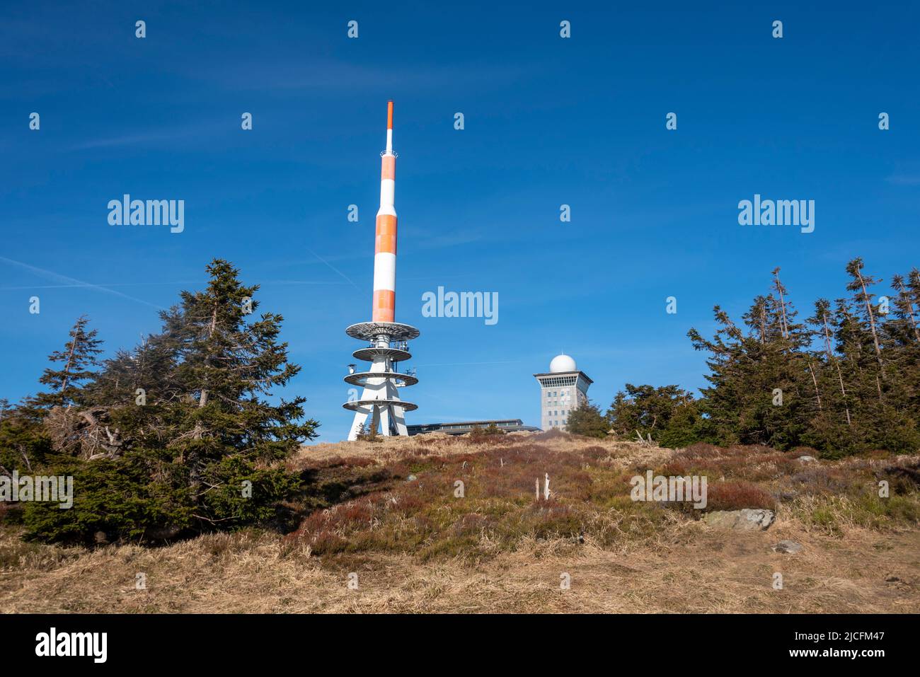 Brocken-Hochplateau, Übertragungsmast, Brocken, Nationalpark Harz, Schierke, Sachsen-Anhalt, Deutschland Stockfoto