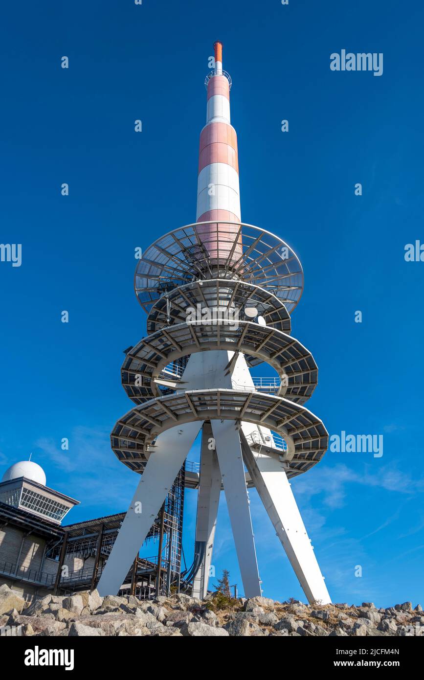 Brocken-Hochplateau, Übertragungsmast, Brocken, Nationalpark Harz, Schierke, Sachsen-Anhalt, Deutschland Stockfoto