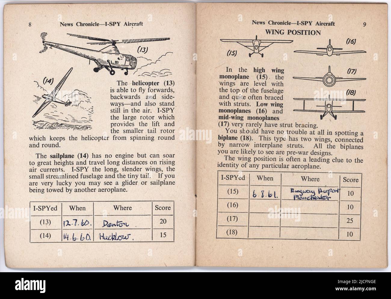 2 offene Seiten des Flugbuches I-Spy (I-Spy Nr. 15, 1960-61), herausgegeben von der Zeitung News Chronicle, London. Kinder Beobachtung und recoding Spiel Stockfoto