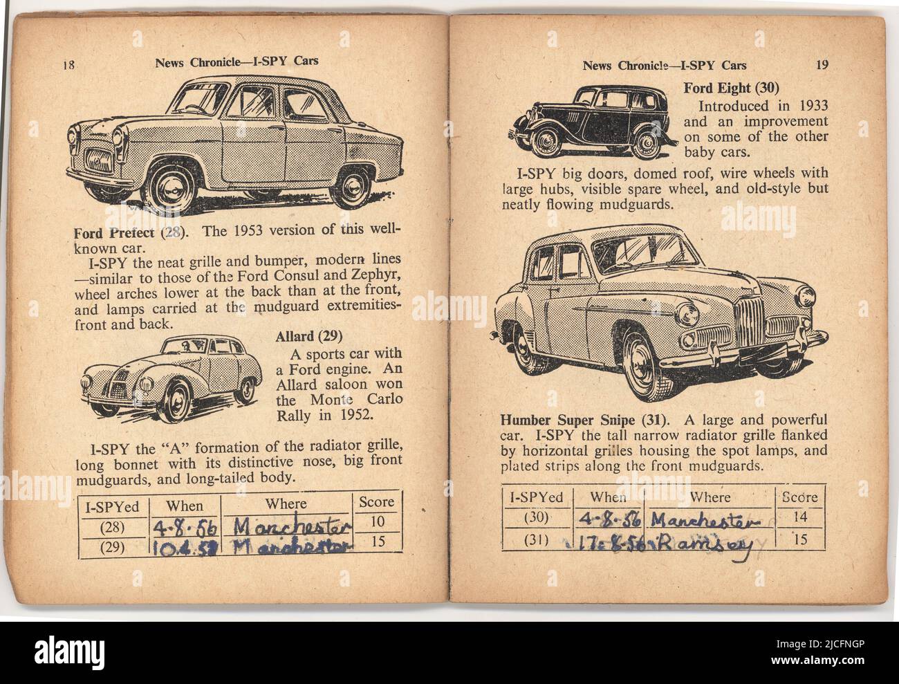 2 offene Seiten des Buches I-Spy Cars (I-Spy Nr. 16, 1956-58), herausgegeben von der Zeitung News Chronicle, London, Großbritannien. Kinder Beobachtung und recoding Spiel. Stockfoto