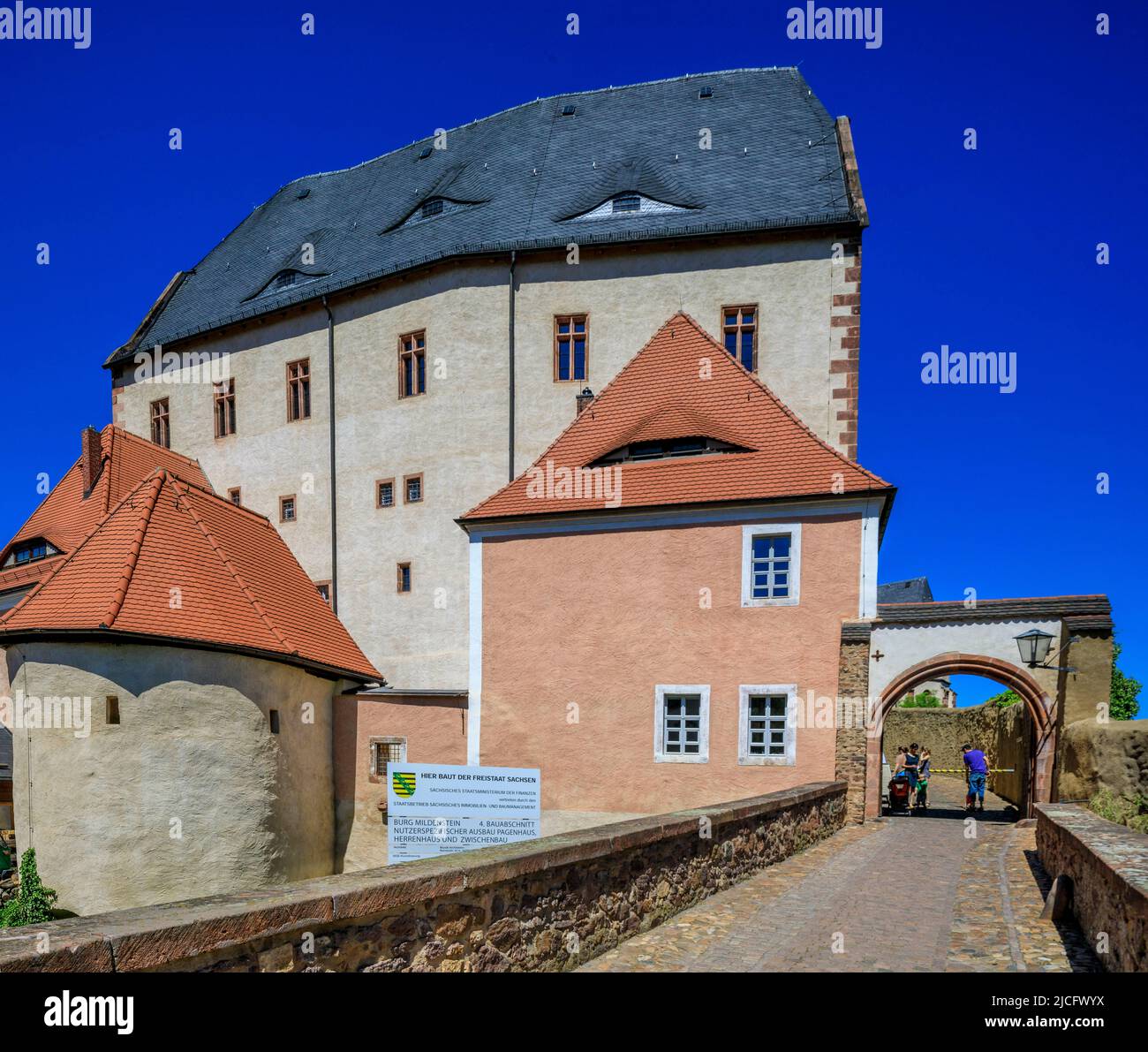 Schloss Mildenstein, früher auch Schloss Mildenstein oder Schloss Leisnig genannt, befindet sich in Leisnig im mittelsächsischen Landkreis im Freistaat Sachsen. Stockfoto