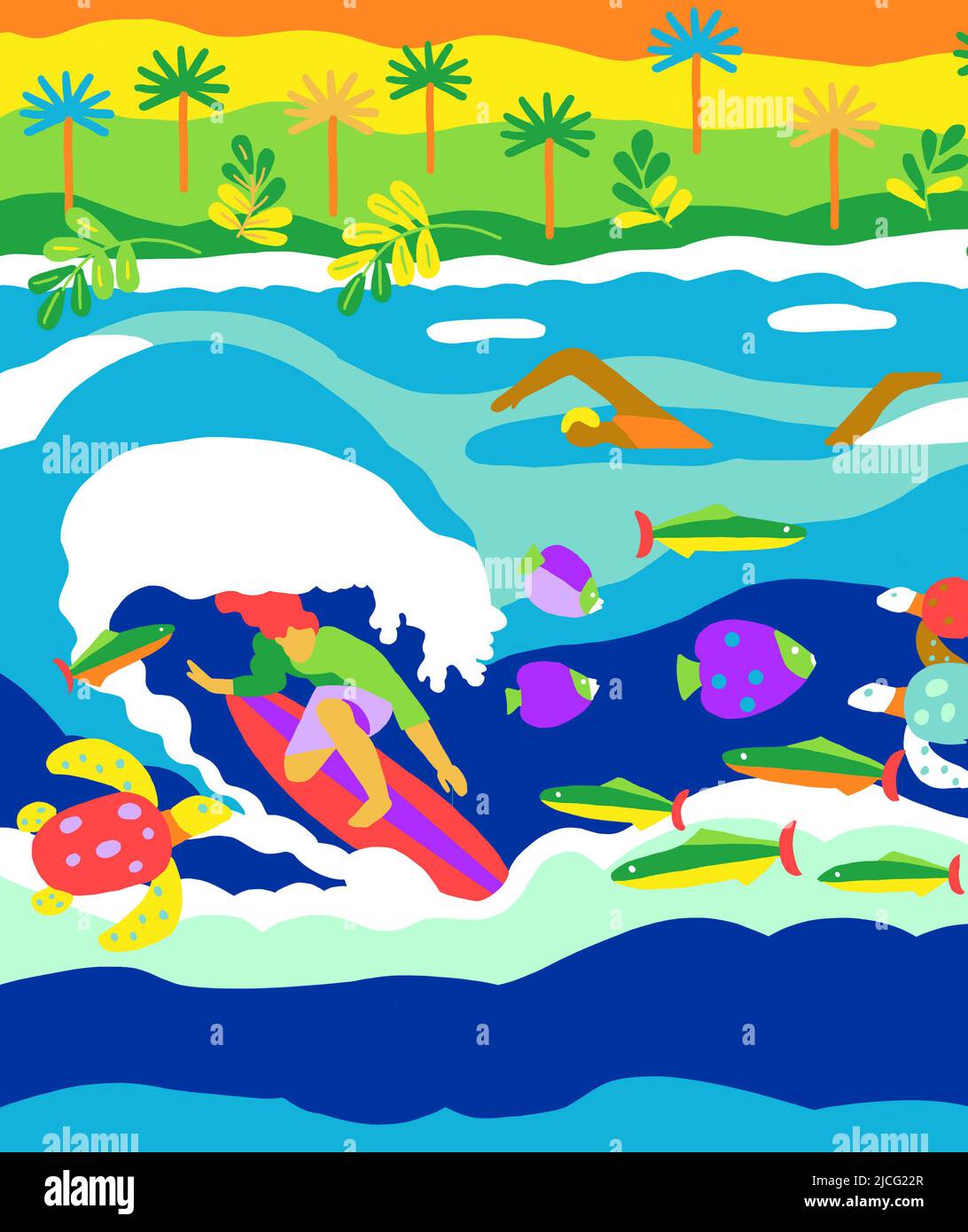 Ein Surfer und ein Schwimmer unter Fischen und Wellen in Hawaii. Stockfoto