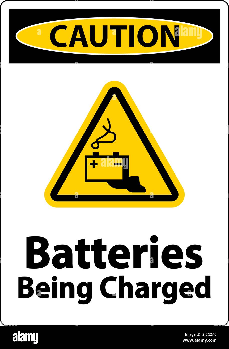 Warnhinweis Batterien Werden Geladen, Schild Auf Weißem Hintergrund Stock Vektor
