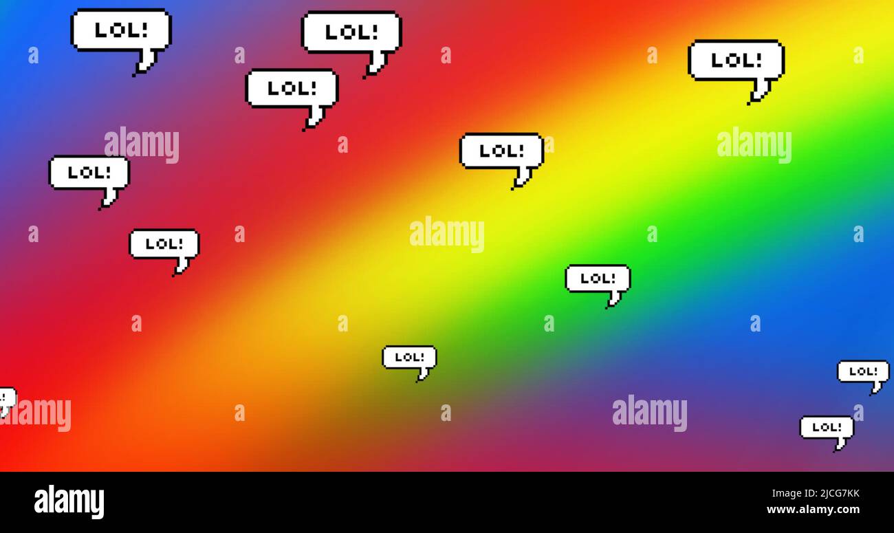 Digitales Bild mehrerer Sprechblasen mit lol-Text vor Regenbogenhintergrund Stockfoto
