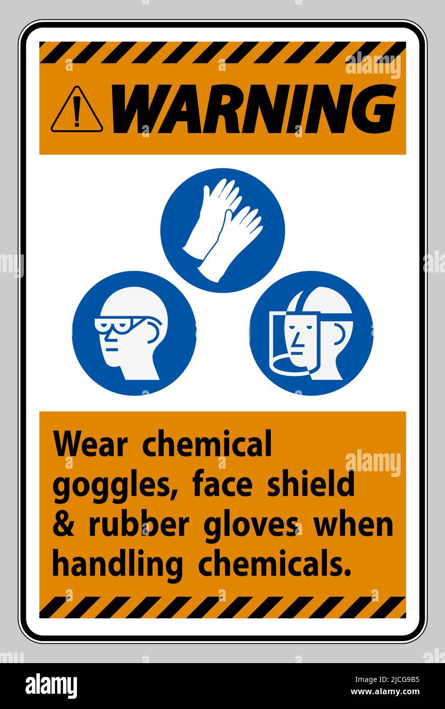 Warnschild beim Umgang mit Chemikalien chemische Schutzbrillen, Gesichtsschutz und Gummihandschuhe tragen Stock Vektor