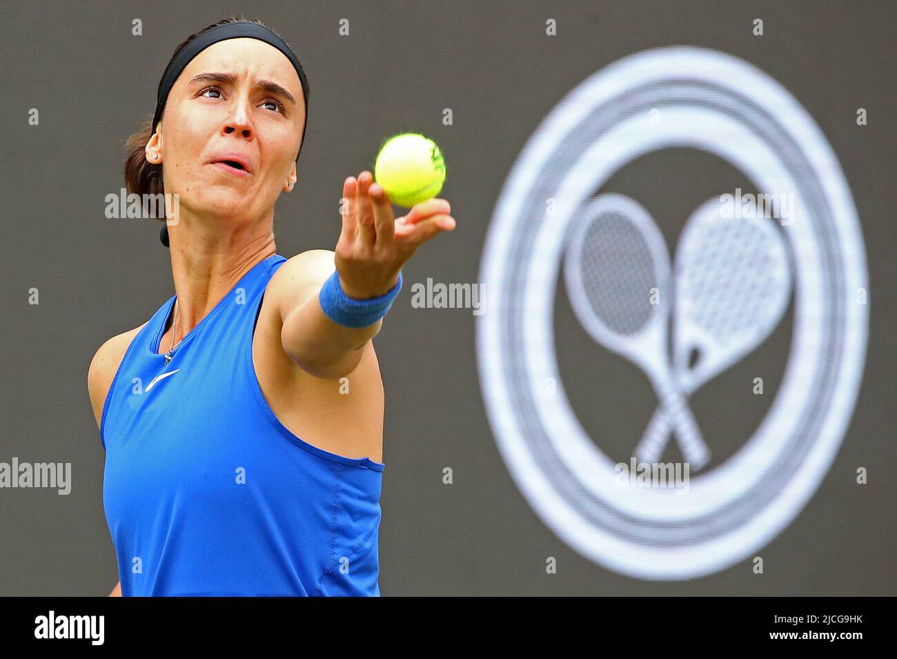 Berlin, Deutschland. 13.. Juni 2022. Tennis: WTA Tour, Einzel, 1. Runden: Kasatkina (Russland) - kalinina (Ukraine) im Steffi Graf Stadium. Anhelina Calinina wirft den Ball zum Aufschlag. Quelle: Wolfgang Kumm/dpa/Alamy Live News Stockfoto