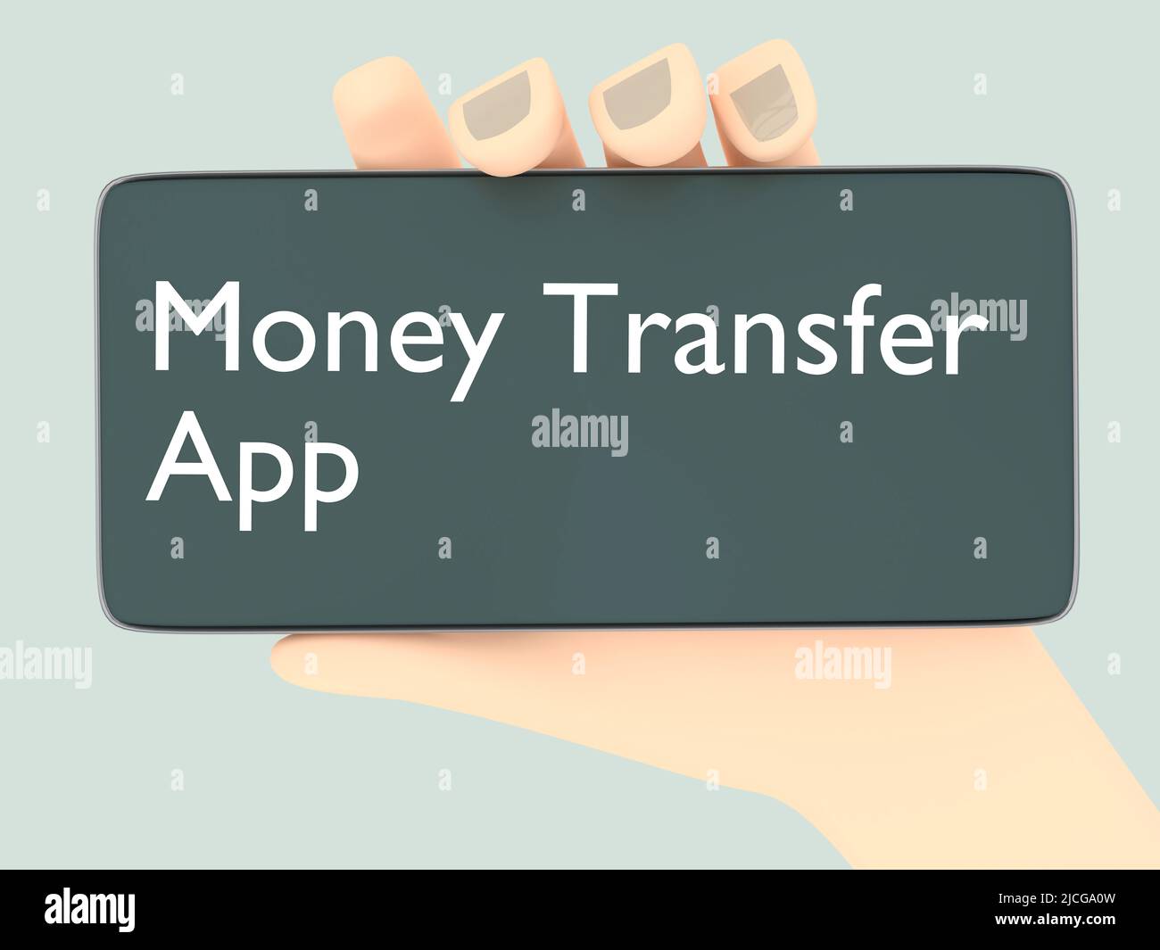 3D Illustration des Geldtransfer-App-Skripts auf dem Handy-Bildschirm, isoliert auf hellgrün. Stockfoto