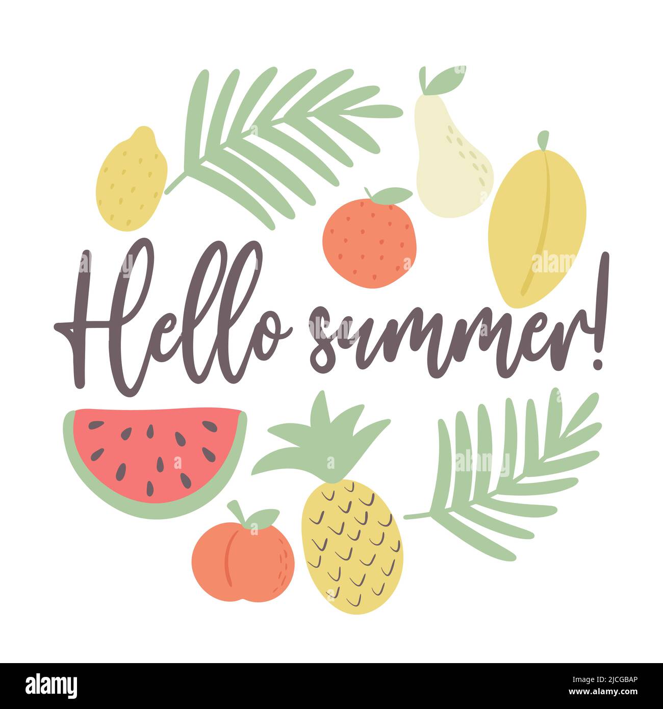 Hallo Sommer Postkarte mit Früchten und Palmen Zweige Vektor Stock Vektor