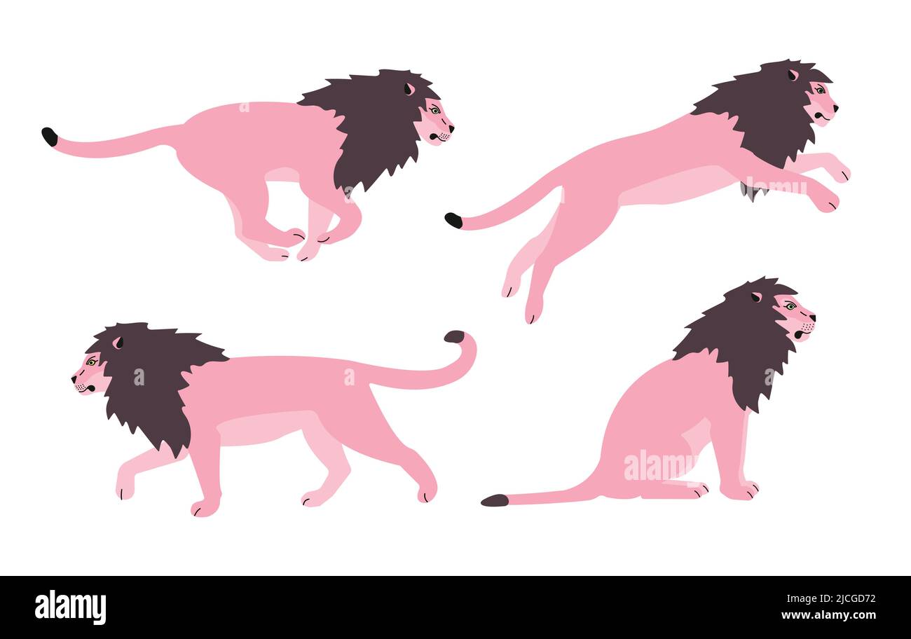 Vektor-Set von flachen handgezeichneten rosa Löwen isoliert auf weißem Hintergrund Stock Vektor