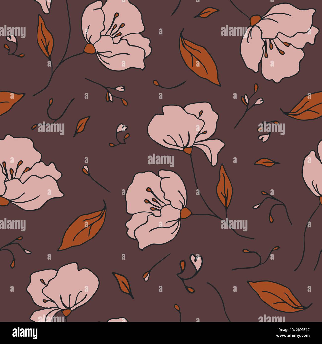 Nahtloses Vektor-Muster mit romantischen Blumen auf dunkelbraunem Hintergrund. Schlichtes Vintage-Floral-Tapetendesign. Stock Vektor