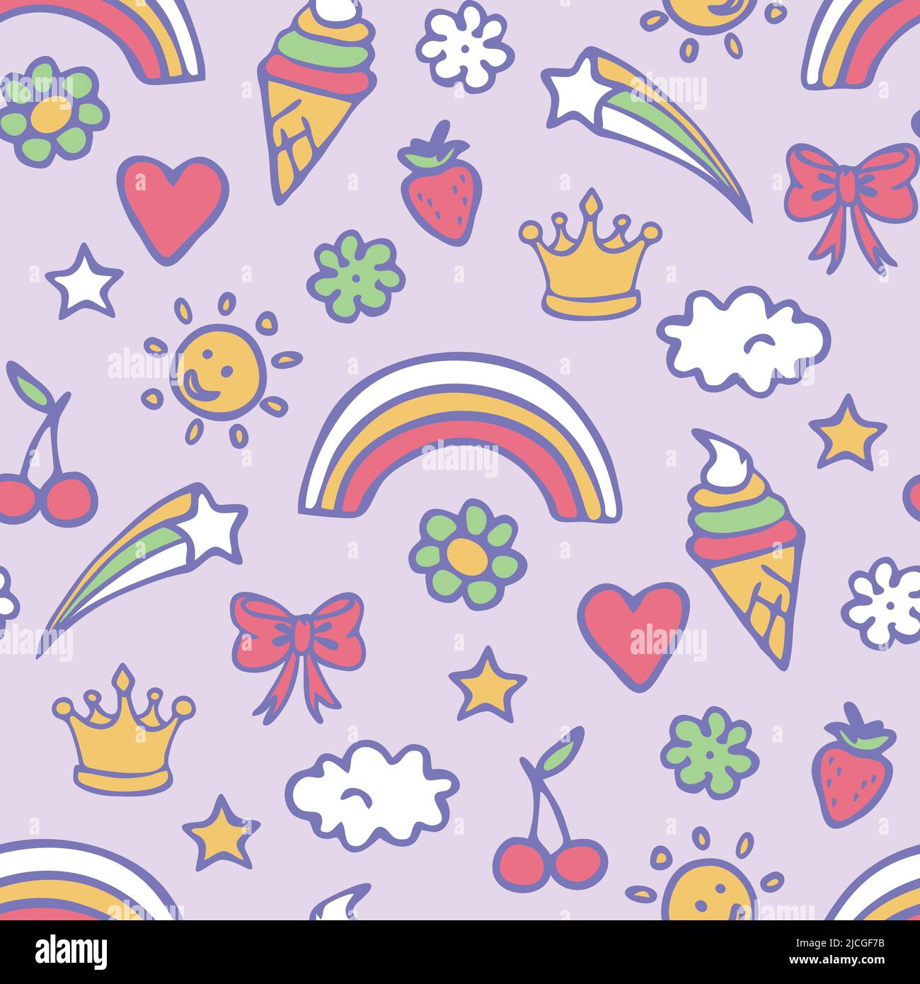 Nahtloses Vektor-Muster mit magischen Stickern auf rosa Hintergrund. Happy Summer Tapetendesign für Kinder. Dekorative fröhliche Mode Textil. Stock Vektor
