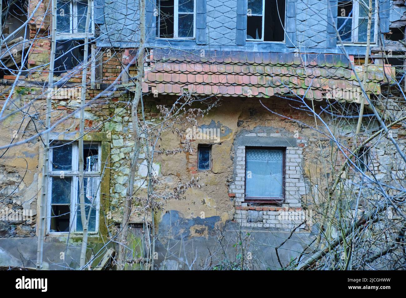 Seifersdorfer Tal, Wachau, Sachsen, Deutschland: Ruinen und Fundort der Untermühle Seifersdorf im Park des Seifersdorfer Tals. Stockfoto