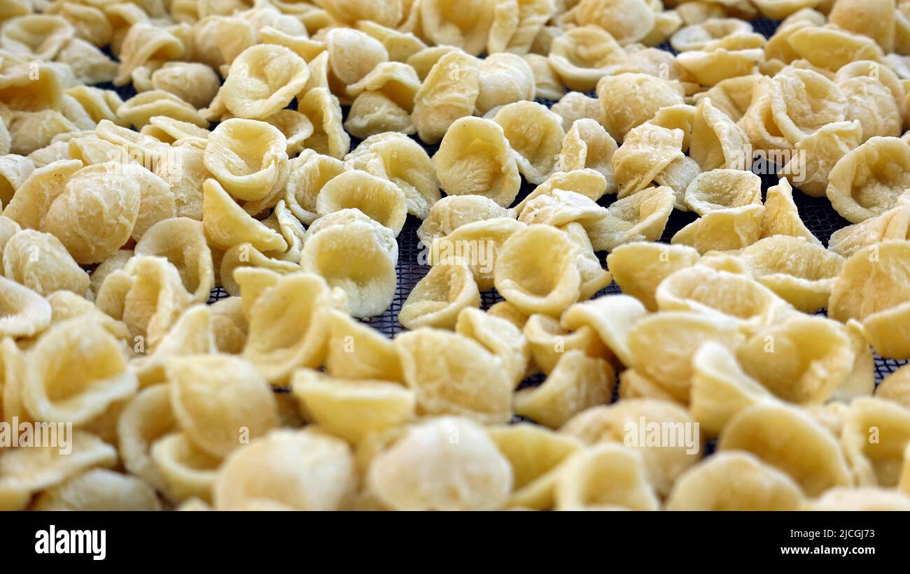Nahaufnahme der frischen handgefertigten apulischen orecchiette Pasta. Typisch italienische Pasta Rezept Stockfoto