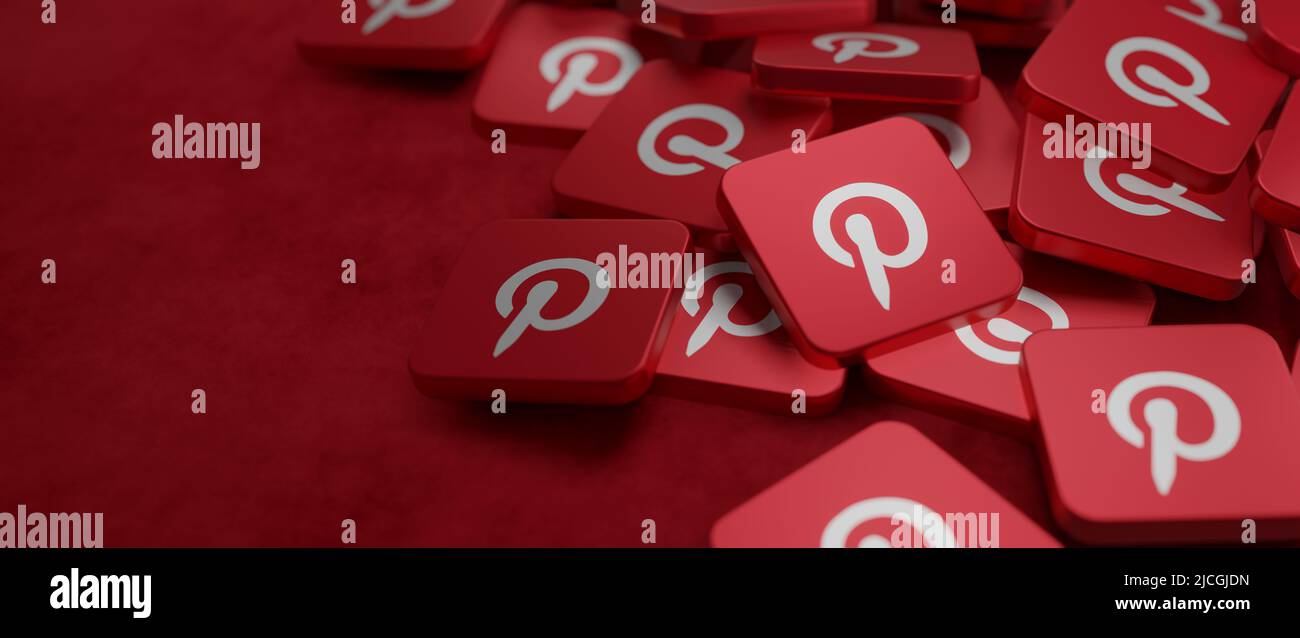 Pinterest Logo Konzept verstreute Kacheln mit Copyspace 3D Illustration Stockfoto