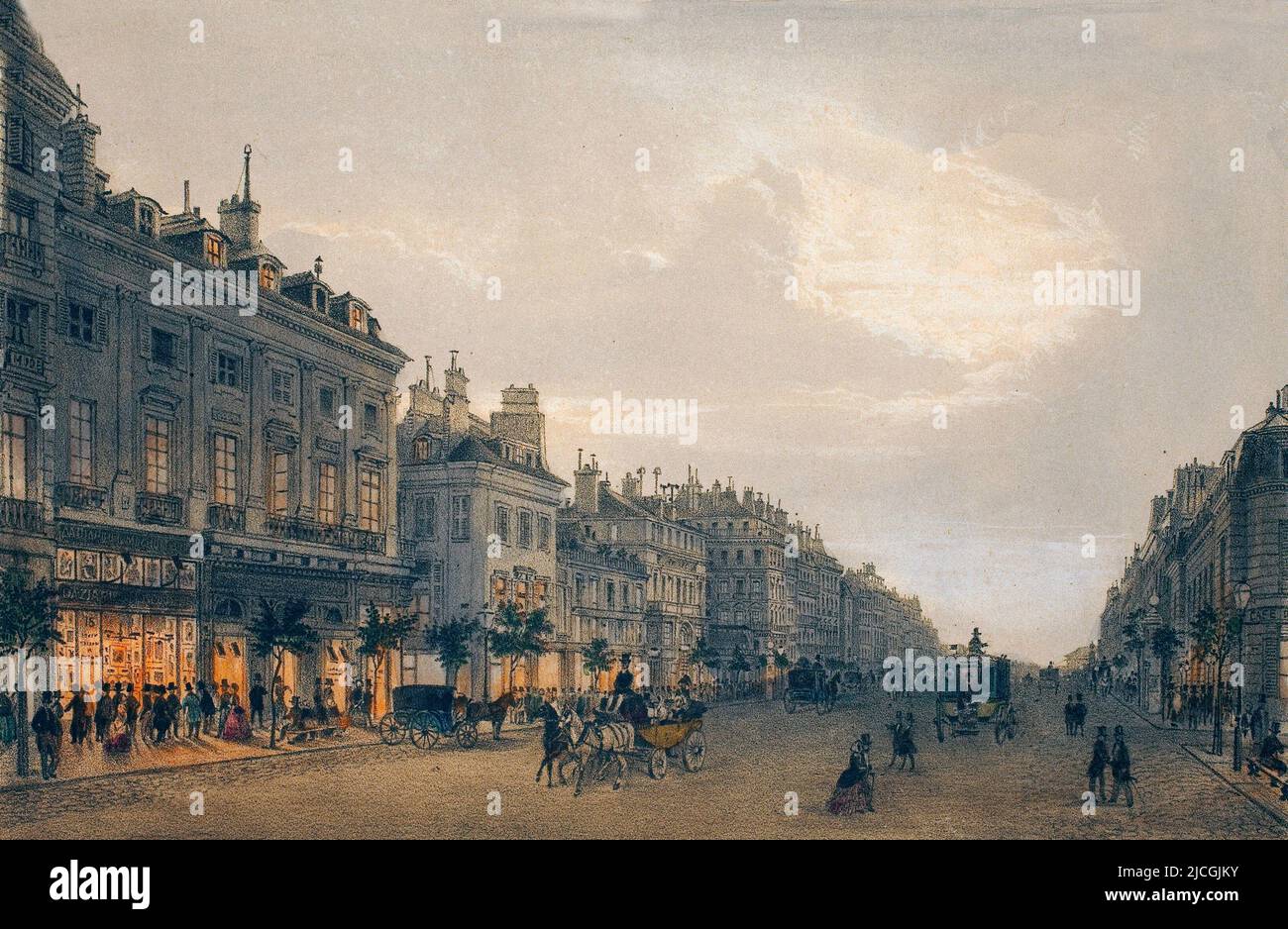 Boulevard des Italiens, Paris. Lithographie Aquarellee, Illustration Tramblaiz - 'Album, Souvenirs de Paris'1885. Stockfoto