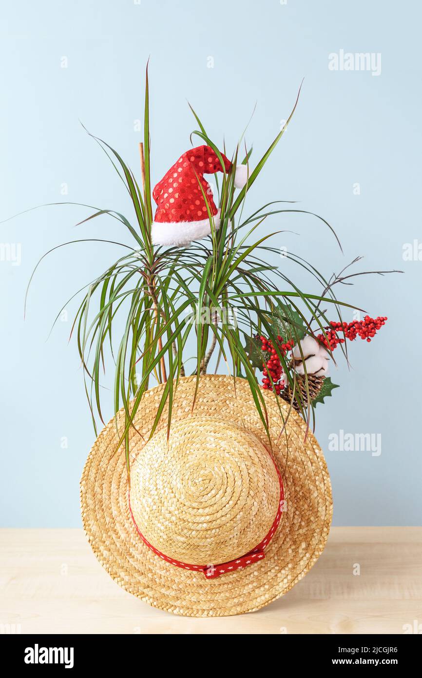 Weihnachten im juli vertikale Zusammensetzung. Kleine Palme, Sommer staw Hut, santa Hut Stockfoto