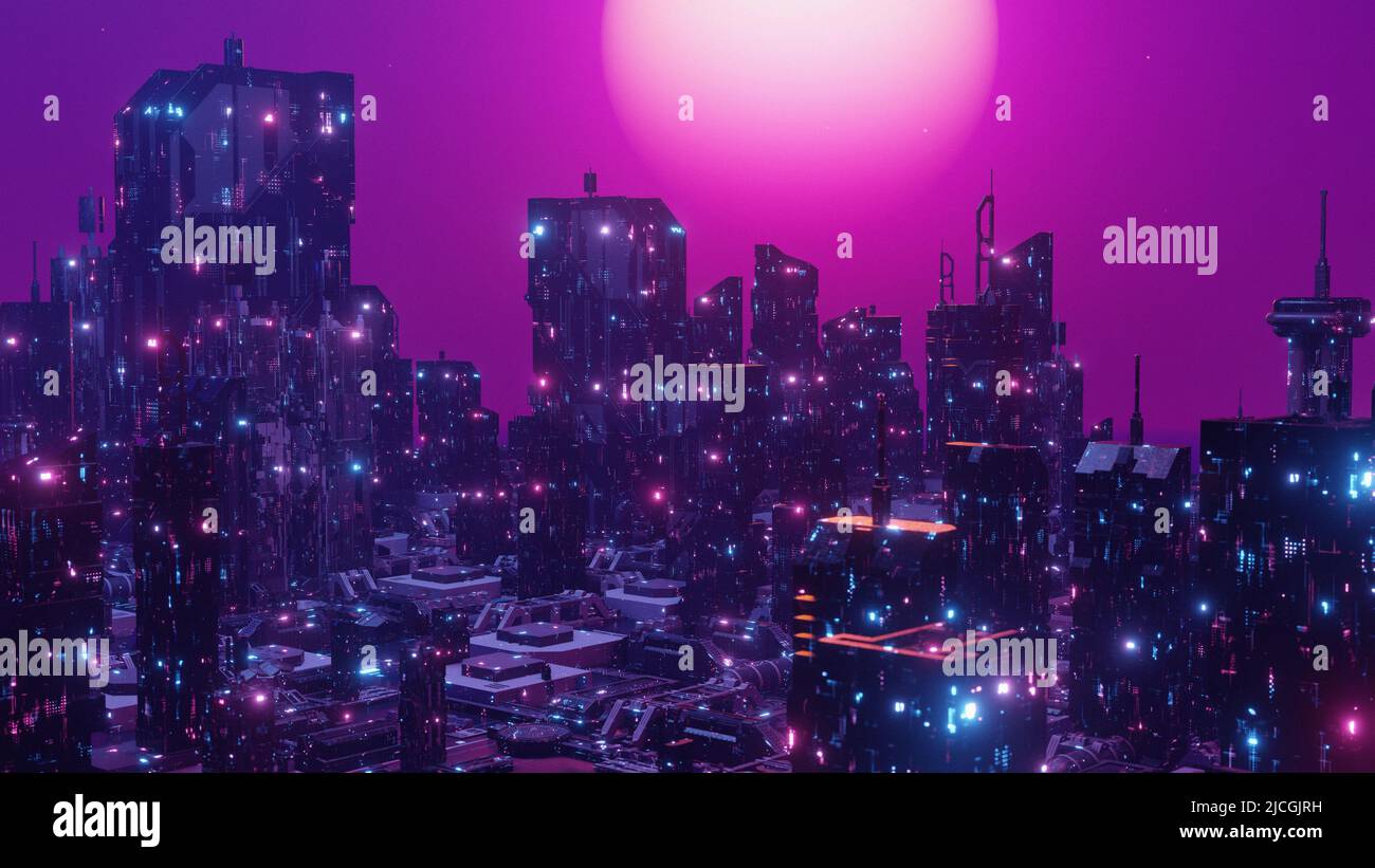 Metaverse City und Cyberpunk Konzept, 3D Stockfoto