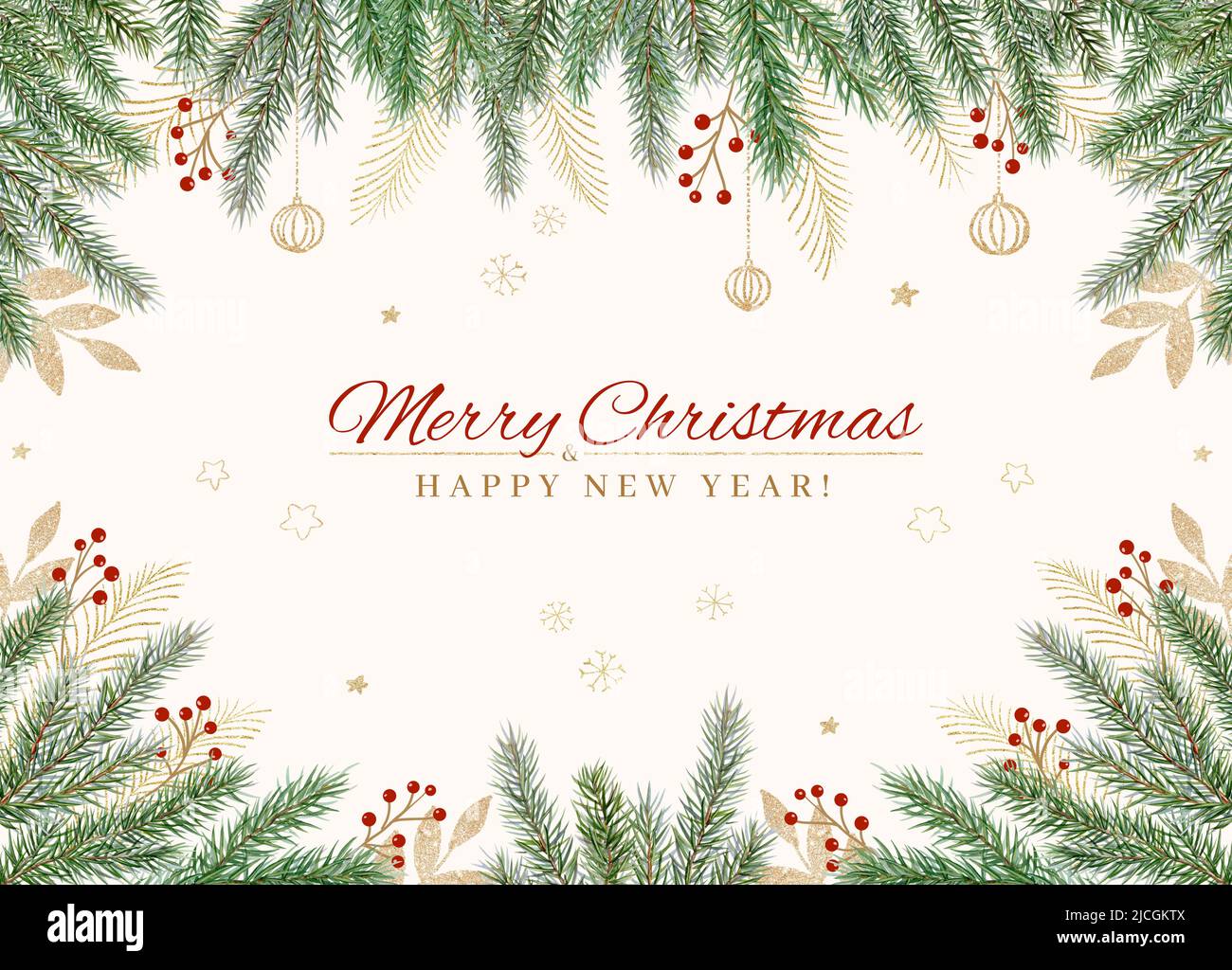 Weihnachtskarte mit Tannenzweigen und goldenen Kugeln Stockfoto