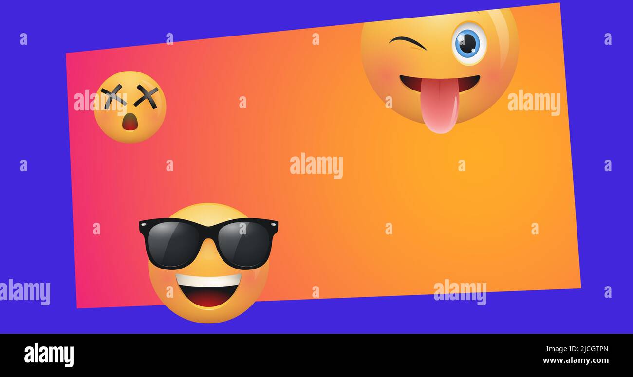 Digitales Composite-Bild verschiedener Emoticons auf orangefarbenem Etikett auf blauem Hintergrund Stockfoto