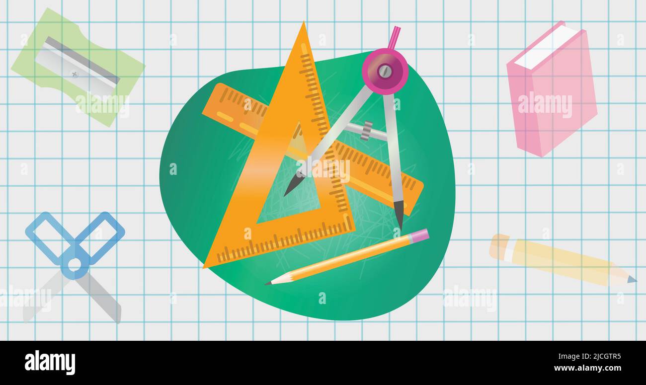 Darstellung von Geometriemesswerkzeugen mit Papeterie und Buch auf kariertem Musterhintergrund Stockfoto