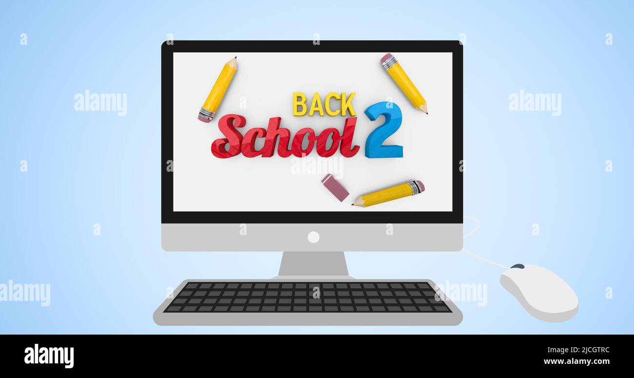 Illustration des Monitors mit Bleistiften, Radierer und Rückseite 2 Schultext mit Maus und Tastatur Stockfoto
