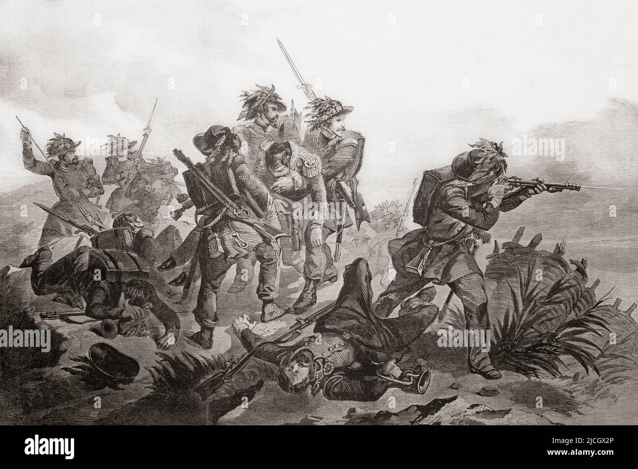 Soldaten des 8. Bersaglieri Regiments kämpfen in der Schlacht von Magenta, 4. Juni 1859 während des Zweiten Italienischen Unabhängigkeitskrieges. Aus L'Univers Illustre, Paris, 1859 Stockfoto