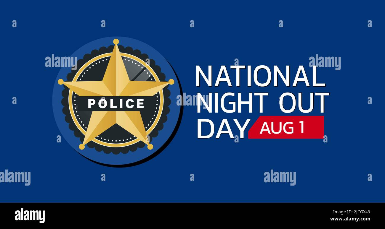 Illustratives Bild des National Night Out Day und Text vom 1. august mit Polizeiabzeichen auf blauem Hintergrund Stockfoto