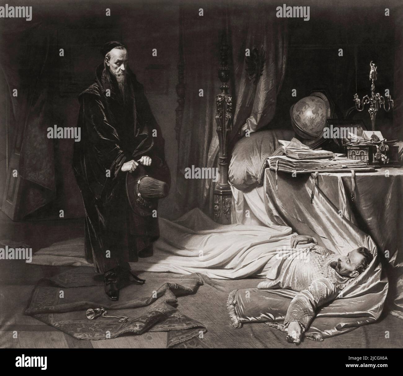 Albrecht Wenzel Eusebius von Wallenstein also von Waldstein, 1583 – 1634 vom Astrologen Seni tot aufgefunden. Wallenstein, böhmischer Politiker und Militärführer im Dreißigjährigen Krieg, wurde mit Zustimmung des Heiligen Römischen Kaiser Ferdinand II. Ermordet Giovanni Battista Seni c. 1600 -1656. Italienischer Astrologe und Leibarzt und Astrologe von Wallenstein. Nach dem Gemälde von Carl Theodor von Piloty. Stockfoto