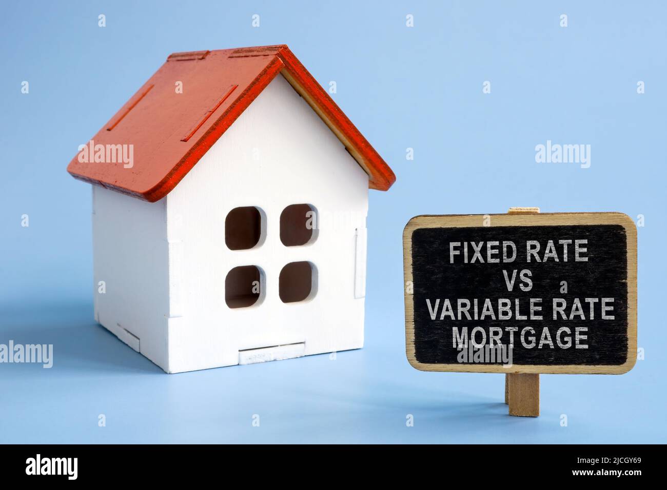 Festzinssatz vs. Variabel verzinsliche Hypothek. Modell des Hauses und ein Schild daneben. Stockfoto